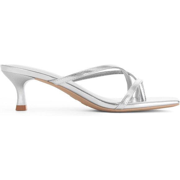 Athlefit Women's Silver Polyurethane Square Open Toe Kitten Heels Thong Sandals - Picture 2 of 6